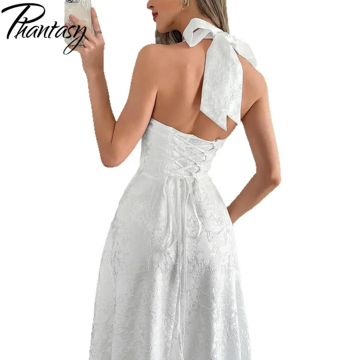 White Jacquard Backless Bow Evening Party Dress Women Robes Backless Elegant Sexy Dress Bodycon Long Summer Dress Vestidos