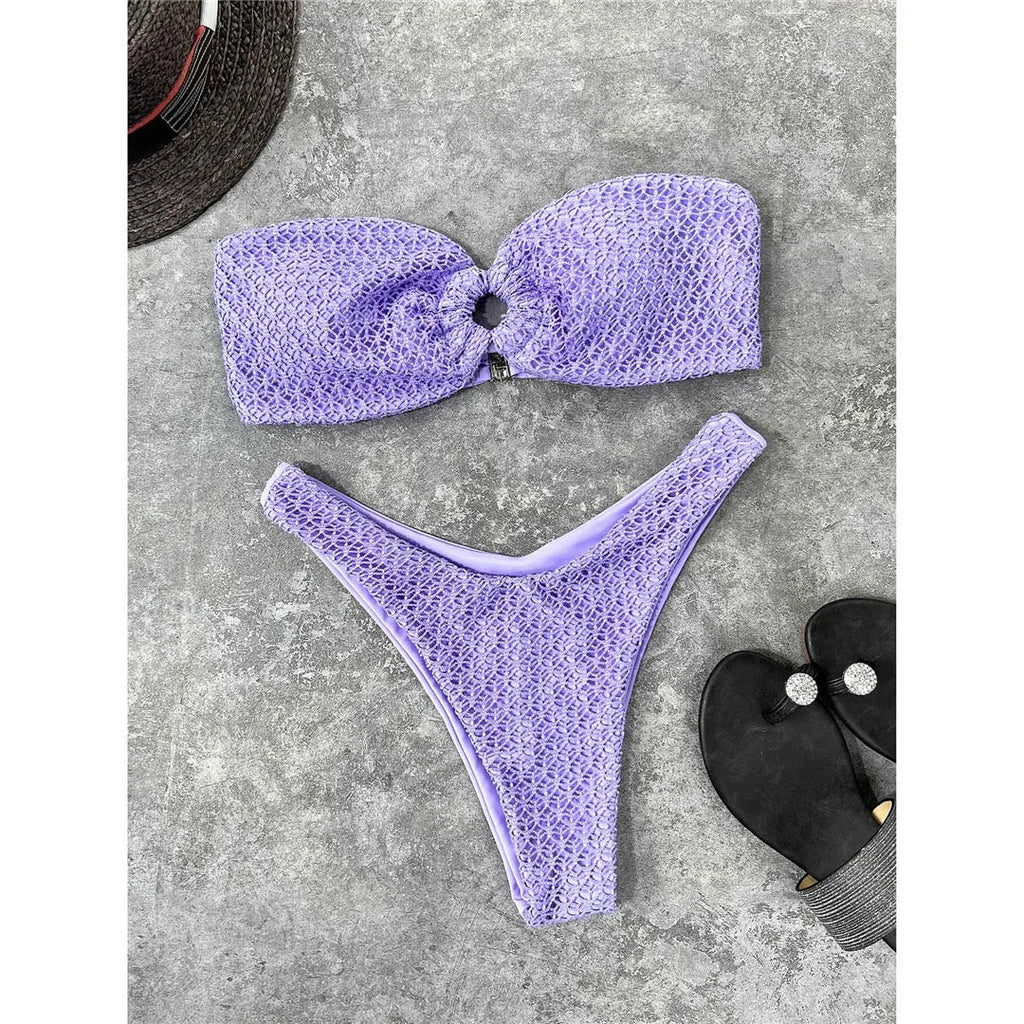 Wrinkled Bandeau High Cut Bikini Women Swimwear Female Swimsuit Two-Pieces Bikini Set Strapless Bather Bathing Suit Swim V3367