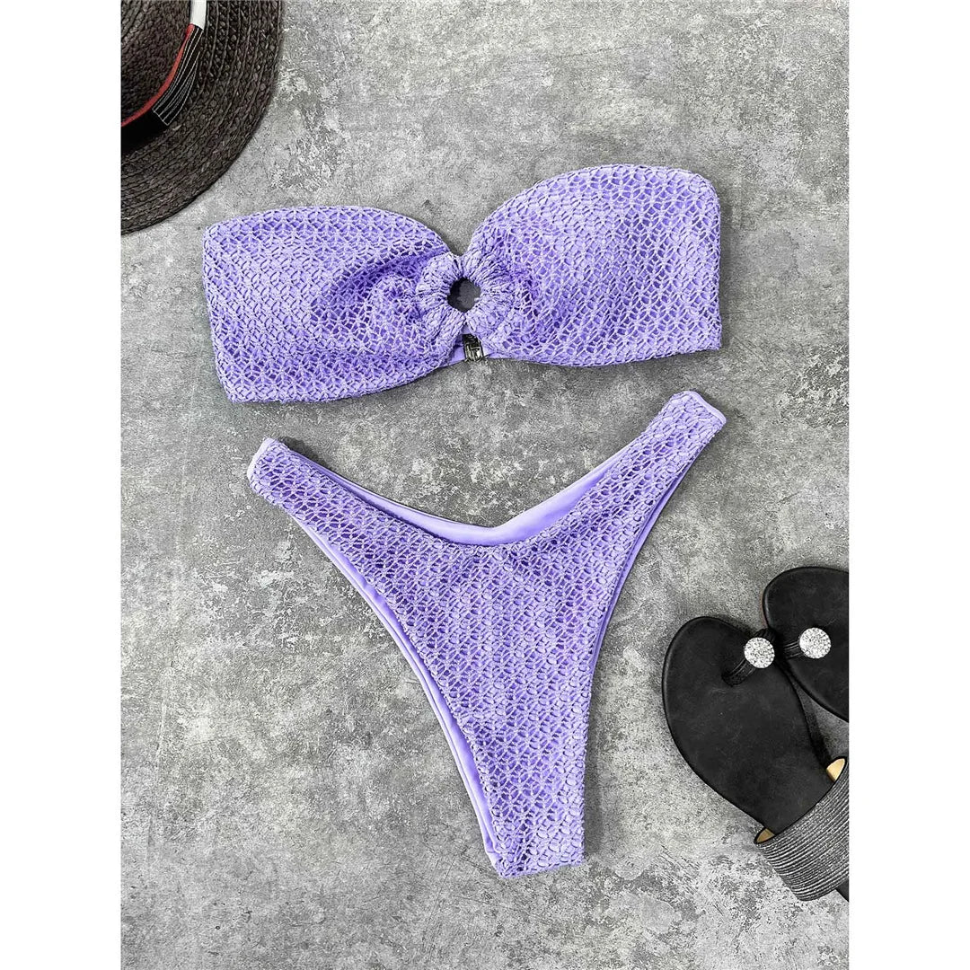Wrinkled Bandeau High Cut Bikini Women Swimwear Female Swimsuit Two-Pieces Bikini Set Strapless Bather Bathing Suit Swim V3367