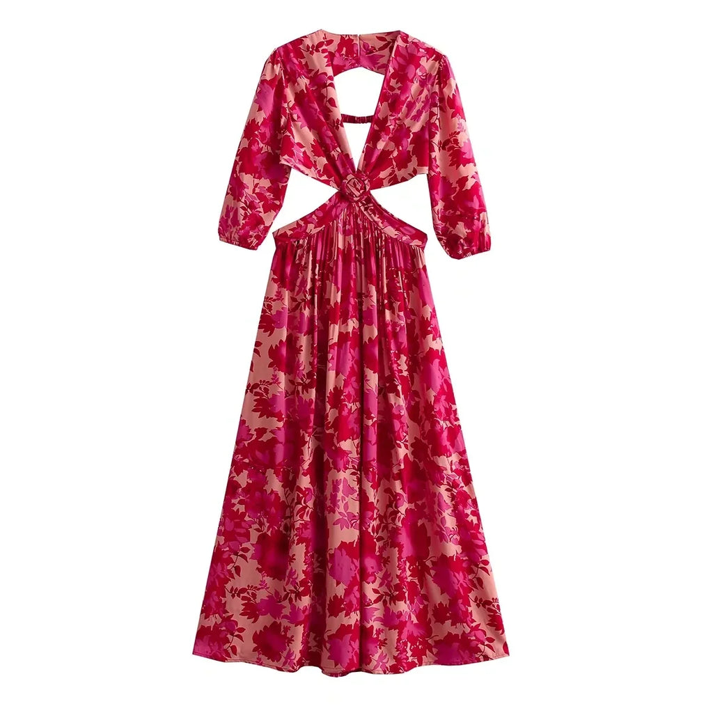 Waist Cut Out Backless Sexy Summer Maxi Dress Elegant Deep V Neck Holiday Long Dress Red Black Boho Floral Dress Women 2025