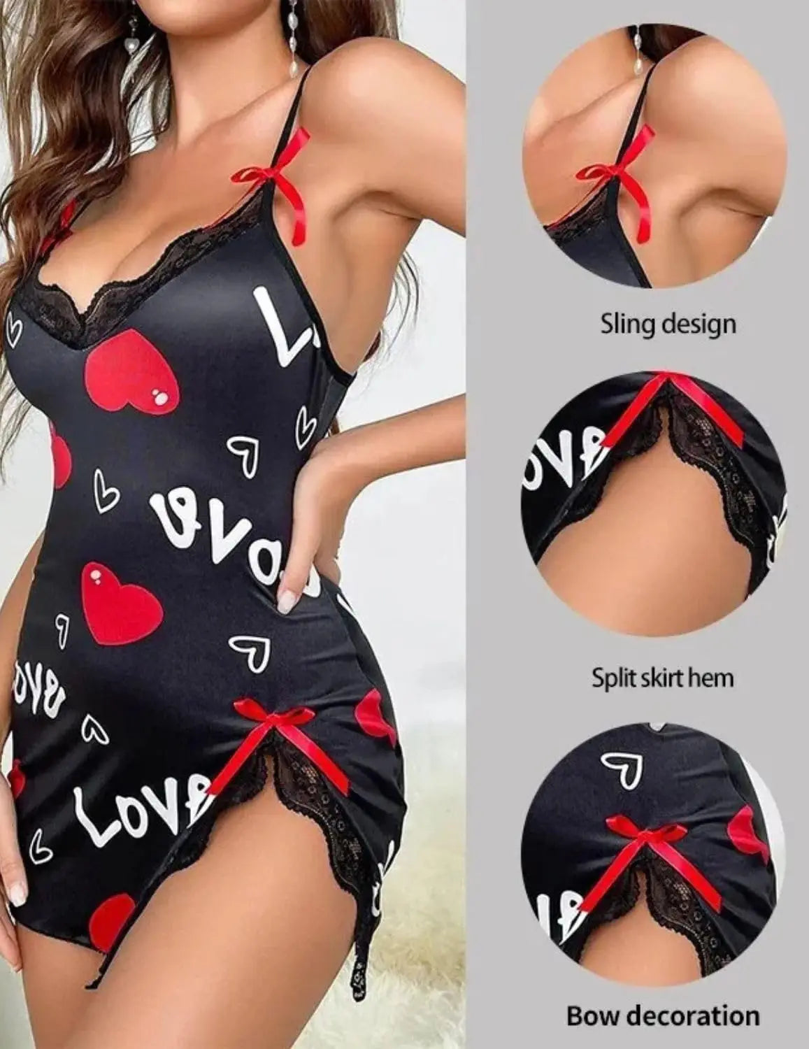 New Sexy Black Nightgown for Women Red Heart  Love Print Satin Lace Trim Mini Chemise Adjustable Spaghetti Strap Lingerie