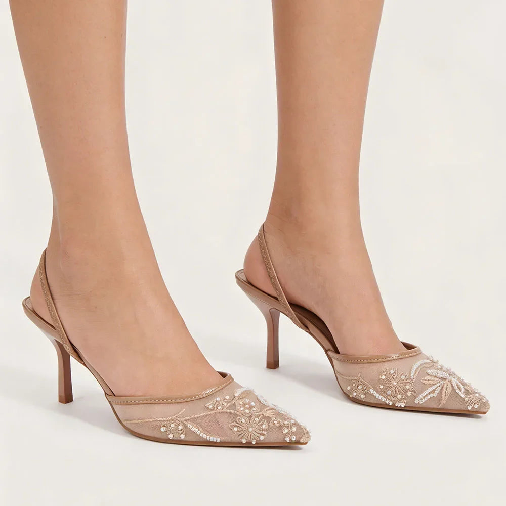 Nude 2 ways to wear Slingback Sandals Mules Big Size 42 Black Pointy Toe Mesh Embroidery Beading Thin High Heels Shoes Women