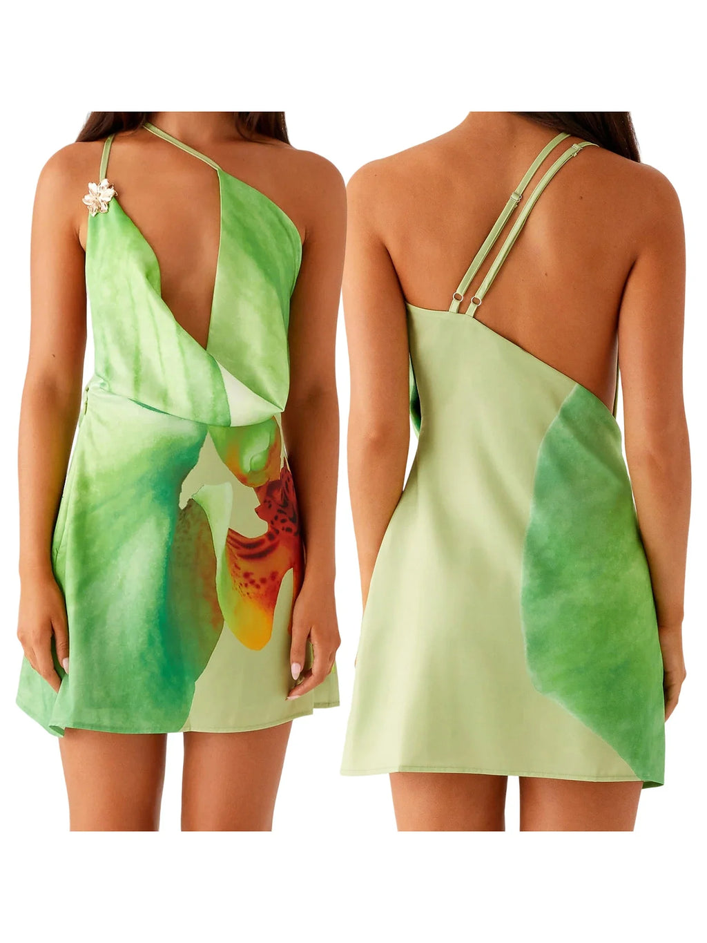 Women Spaghetti Straps Backless Asymmetric Flower Print Mini Dresses Summer Sexy Party Club Slip Dress
