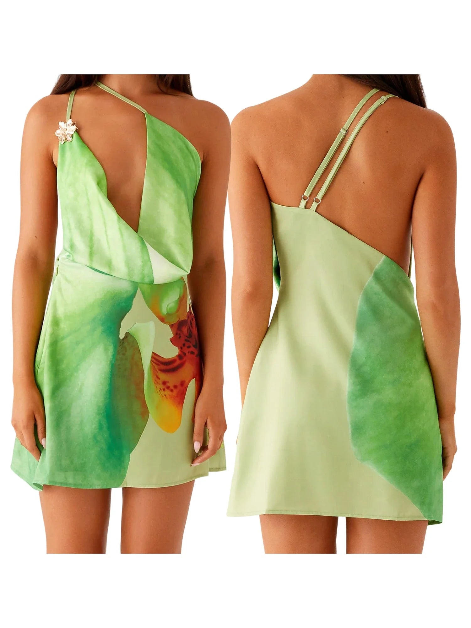 Women Spaghetti Straps Backless Asymmetric Flower Print Mini Dresses Summer Sexy Party Club Slip Dress