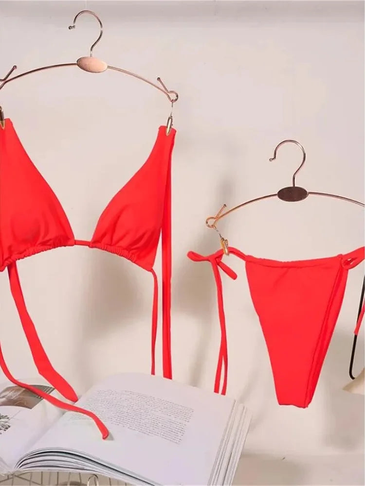 Sexy 12 Color Halter Mini Micro Thong Bikini Female Swimsuit Women Swimwear Two-pieces Bikini set Bather Bathing Suit Swim Lady