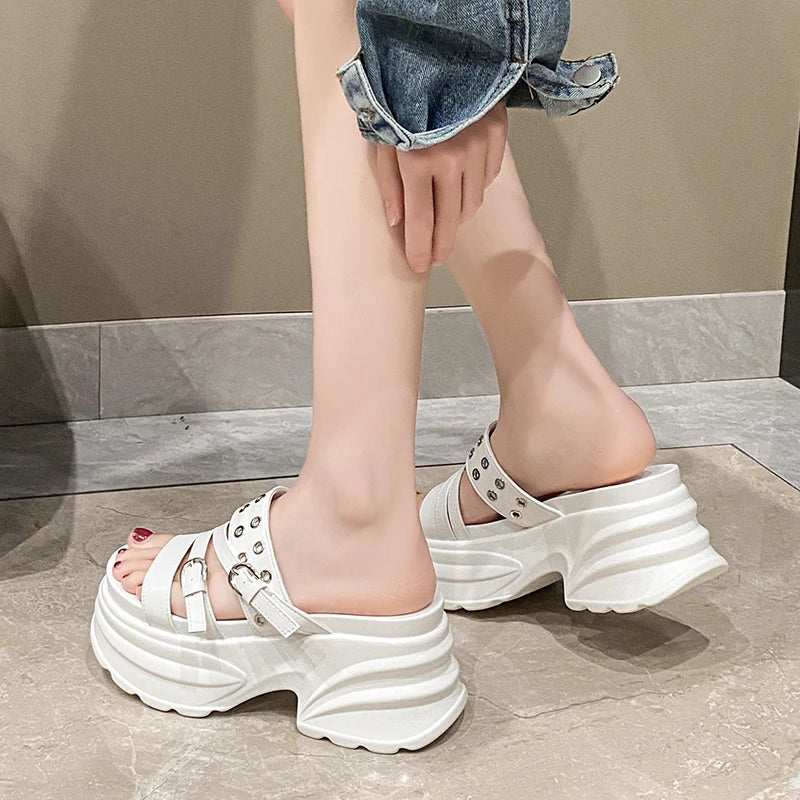 Summer Silver Chunky Platform Sandals Women Fashion Buckle Thick Bottom Slippers Woman Punk Wedges High Heels Sandalias Mujer