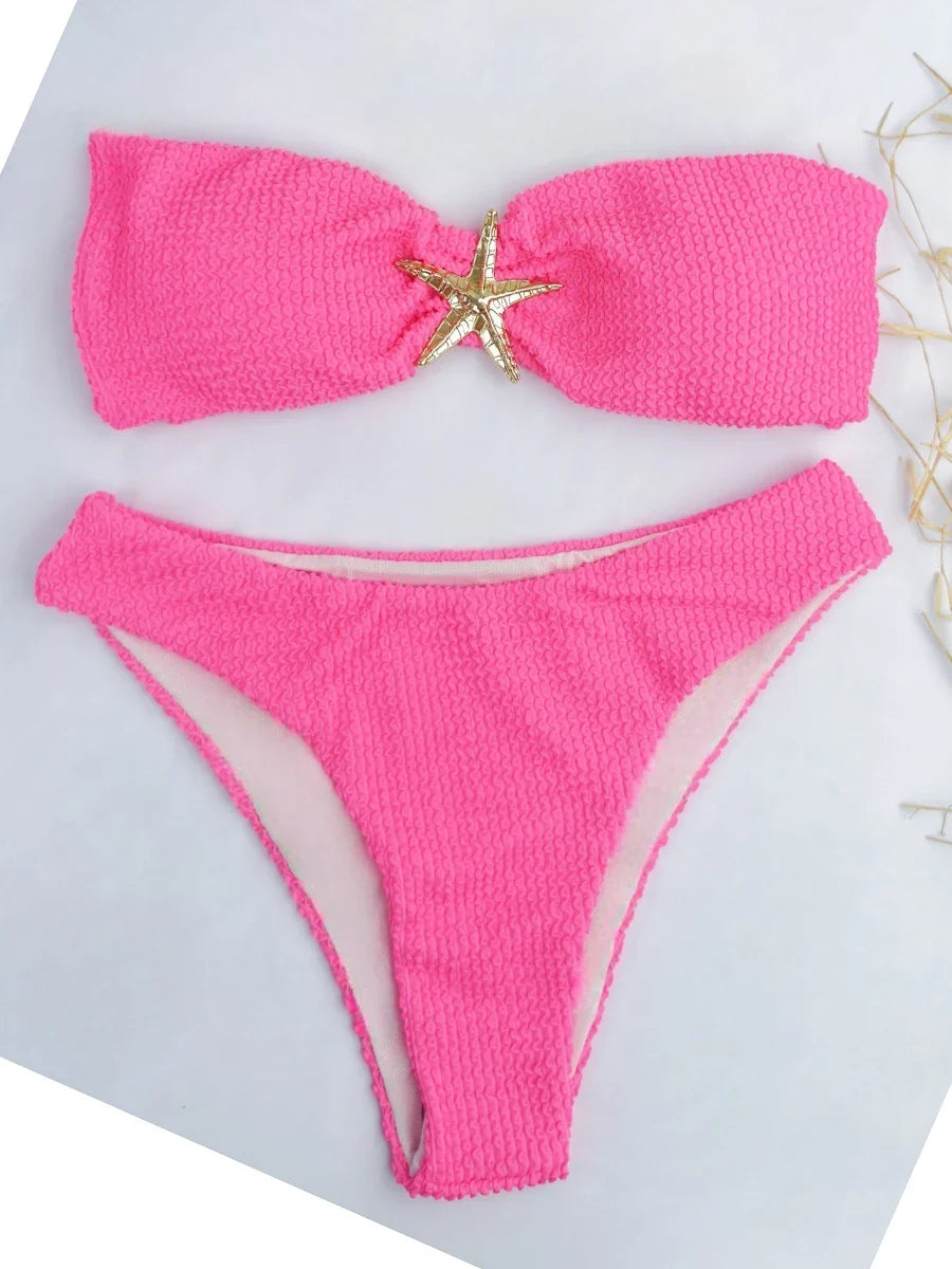 2026 Bandeau Bikinis Starfish Swimsuit Women Sexy Padded Swimwear Female Solid Beachwear Bathers Bathing Swimming Swim Suit