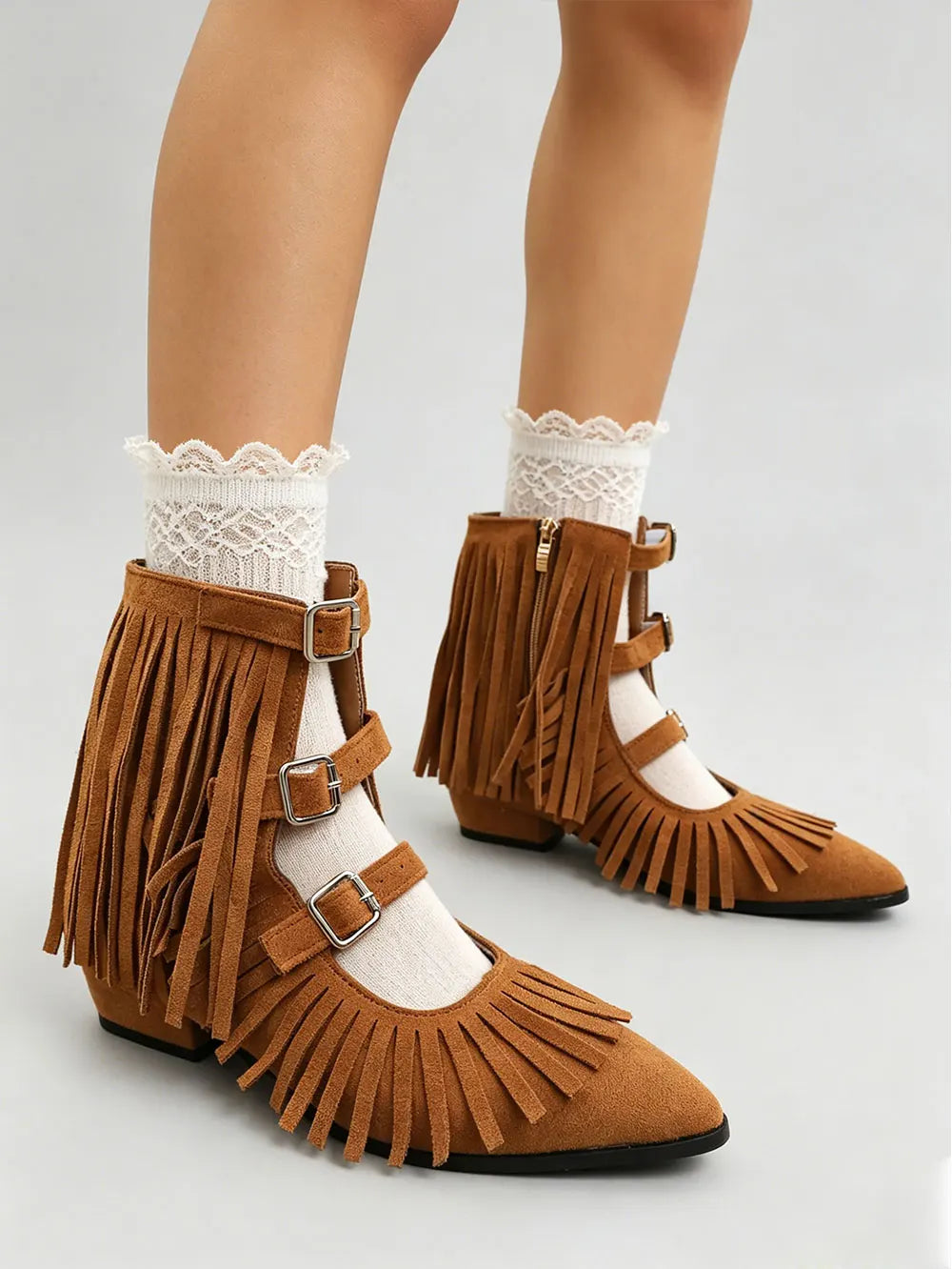 Women's Vintage Fringe Summer Ankle Boots Bohemian Buckle Straps Pointed Toe Ethnic Tassel Hollow Out Western Cowgirls Shoes