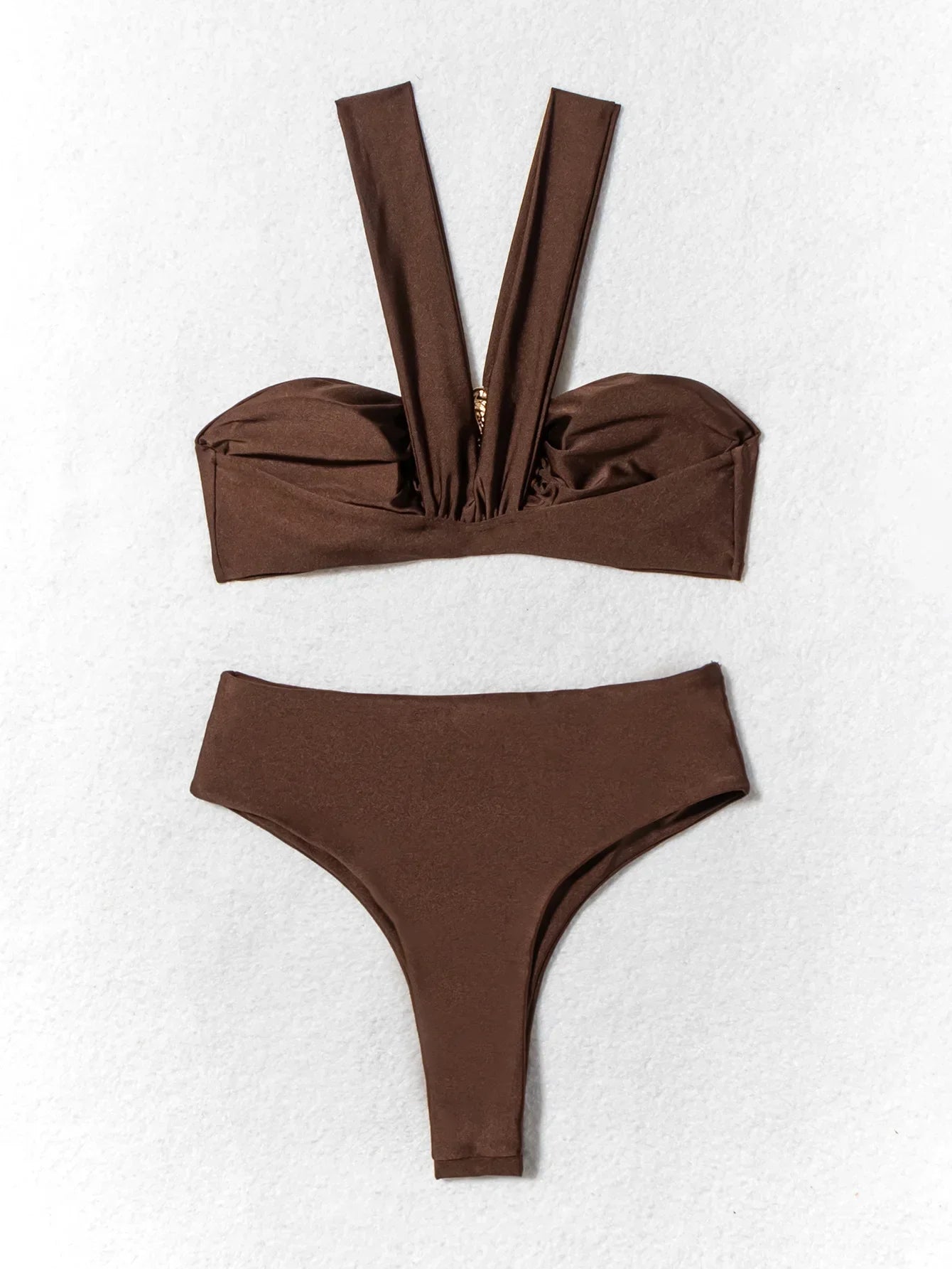 Sexy Brown Women's Swimsuit Halter Metal Water Droplet Push Up Two Piece Bikini Set 2025 Bathing Suit Pleate High Waist Swimwear