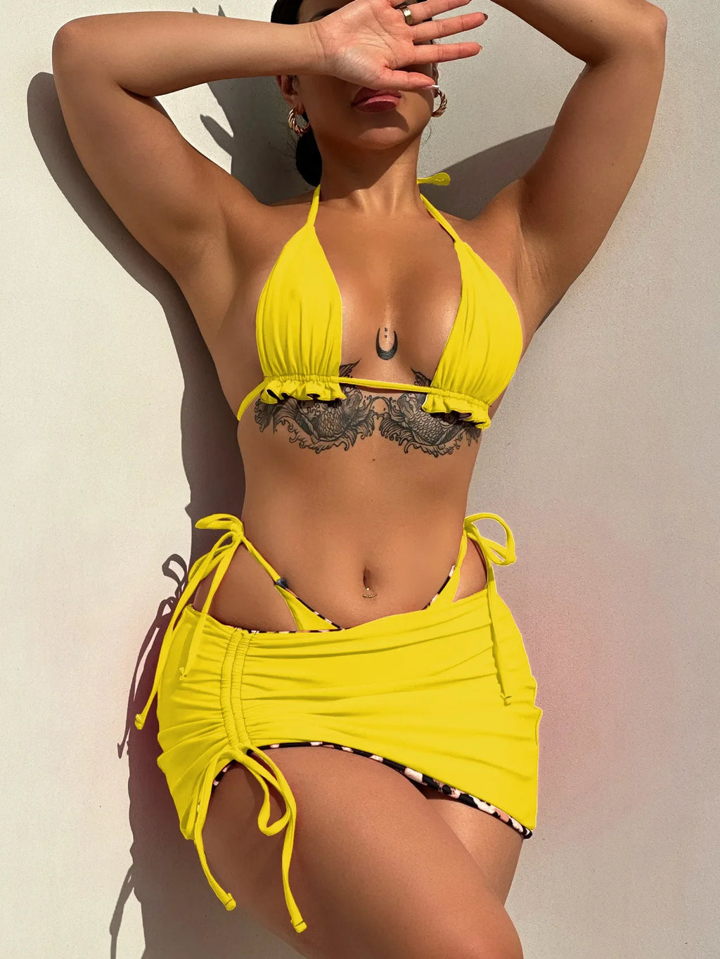 2026 Summer Leopard Print 3 Pieces Suit Swimwear Reversible Sexy Halter Lace-up Bikini Set Drawstring Skirt Cover Up Beachwear