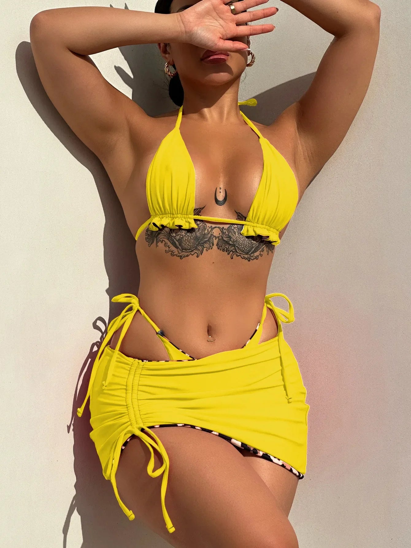 2026 Summer Leopard Print 3 Pieces Suit Swimwear Reversible Sexy Halter Lace-up Bikini Set Drawstring Skirt Cover Up Beachwear