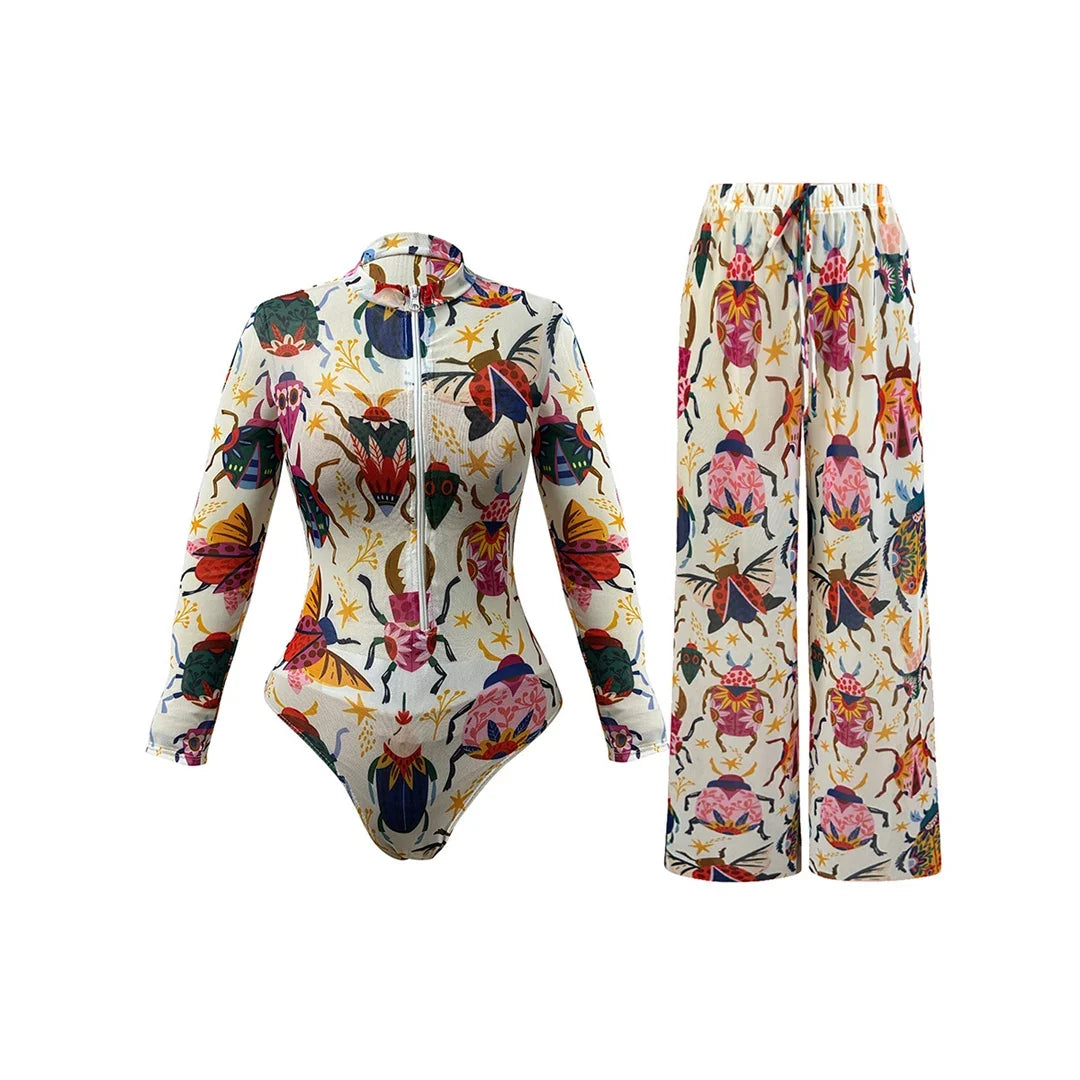 S - XXL New One Piece Swimsuit Women Swimwear Female Padded Bather Bathing Suit Swim With Pants Zipper Printed Long Sleeve K8113
