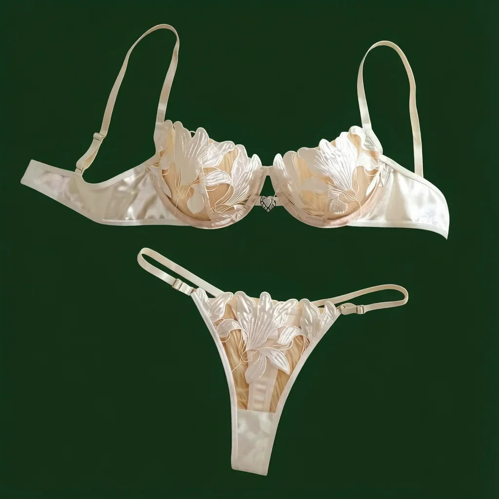 French-style atmosphere white floral appliqued lingerie, wedding and date sexy satin sheer bra thong set ZA824031