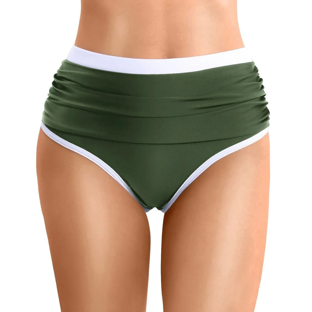 Womens Contrast Trim High Waisted Swim Bottoms Ruched Tummy Control Bathing Suit Modest Swim Shorts For Beach Surfing Swimming