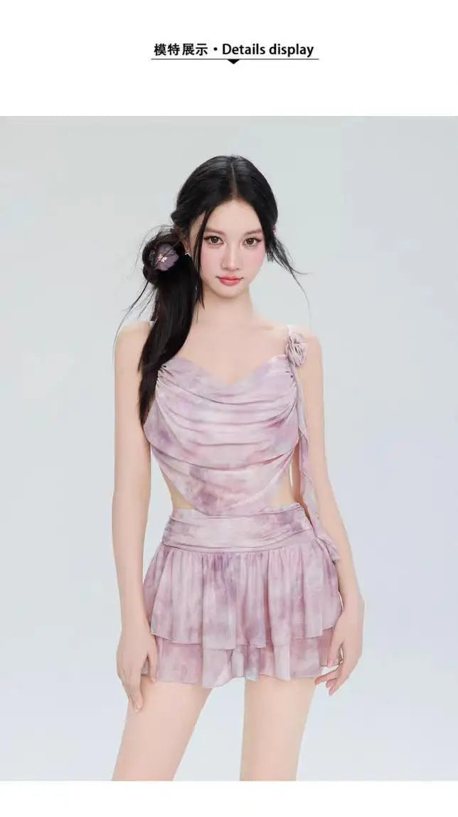 Swimsuit Women's Two-piece Fairy Style Sexy Hot Spring Skirt Style Three-dimensional Flower Ribbon Swimsuit