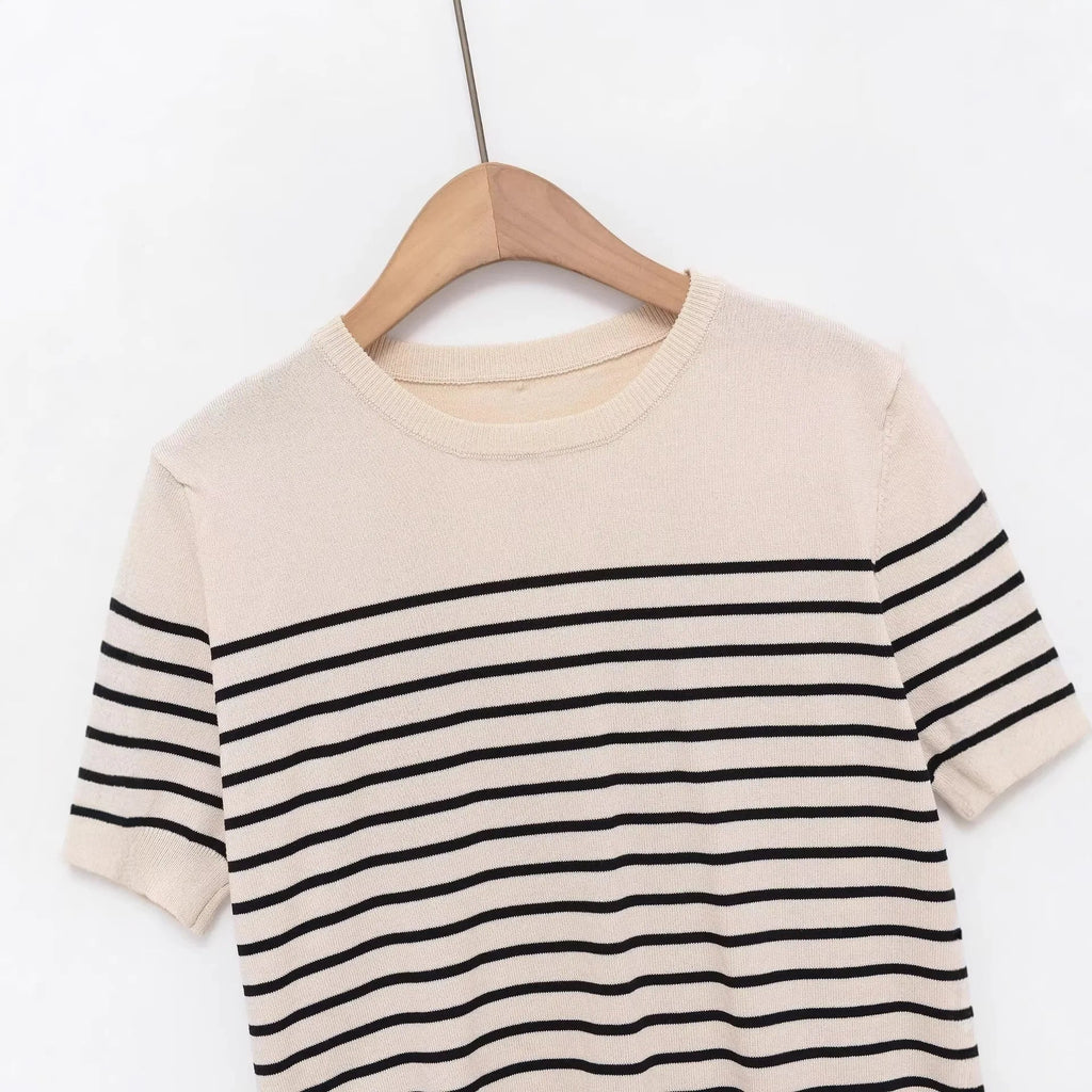 Fashion Striped Knit Sweater Black Striped Knit T Shirt Casual Short Sleeve Crew Neck Slim Fit Top For Women Summer Daily 0HAD