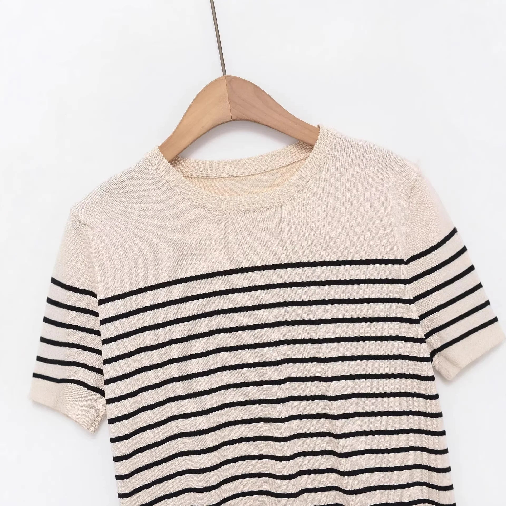 Fashion Striped Knit Sweater Black Striped Knit T Shirt Casual Short Sleeve Crew Neck Slim Fit Top For Women Summer Daily 0HAD