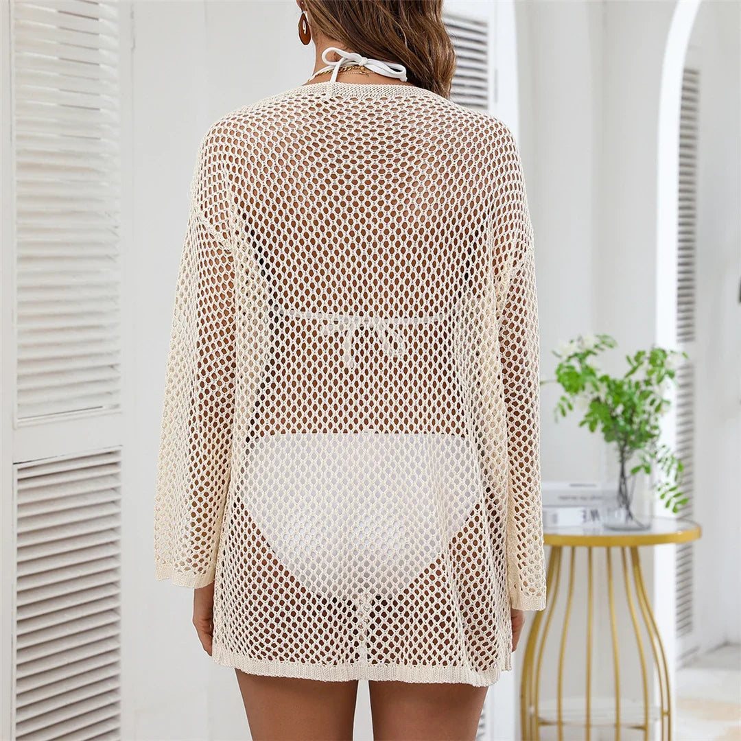 V Neck Long Sleeve Hollow Out Crochet Knitted Tunic Beach Dress Beach Wear Beachwear Beach Cover Up Cover-upsFemale Women V6335