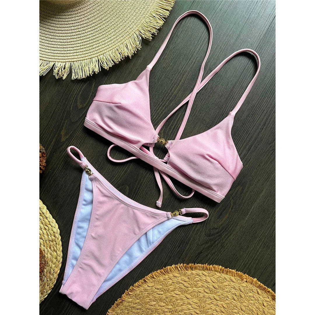 7 Colors New Cross Back Bikini Female Swimsuit Women Swimwear Two-pieces Bikini set High Leg Cut Bather Bathing Suit Swim V8252