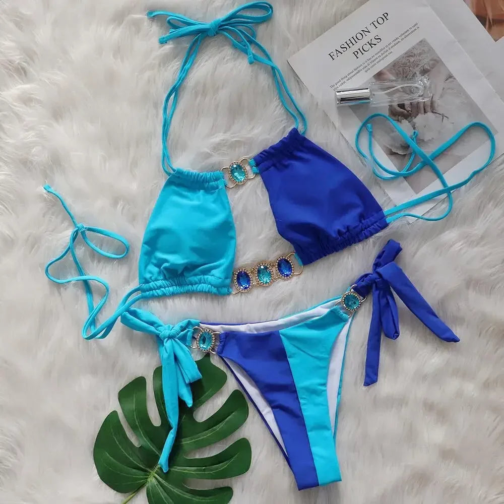 Splicing Halter Jewelled Diamond Bikini 2025 Women Swimsuit Female Swimwear Two Pieces Bikini Set Hollow Out Bathing Suit Swim