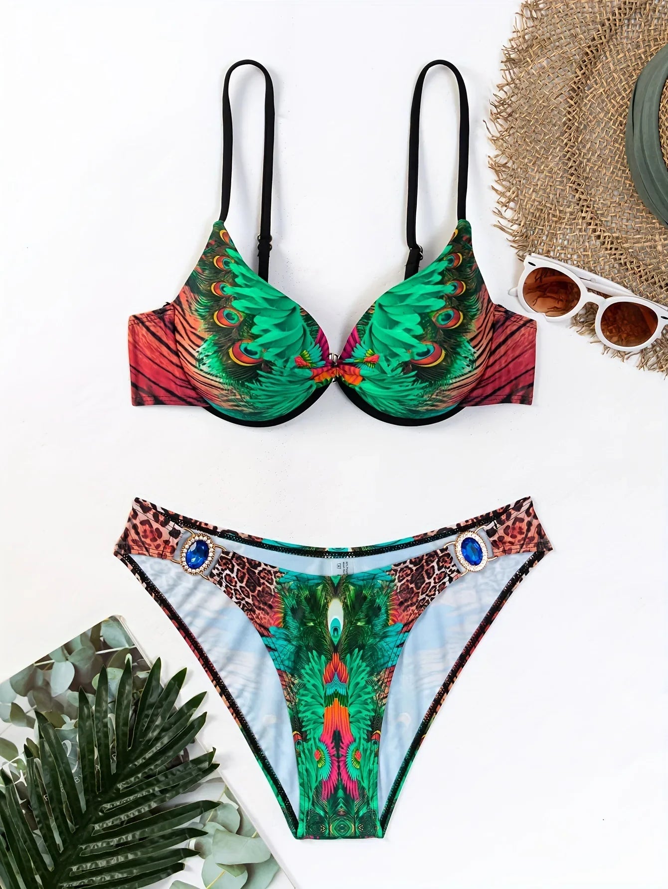 Peacock Leopard Printed Underwired Bra Cup Bikini Women Swimwear Female Swimsuit Two-pieces Bikini Set Push Up Bathing Suit Swim