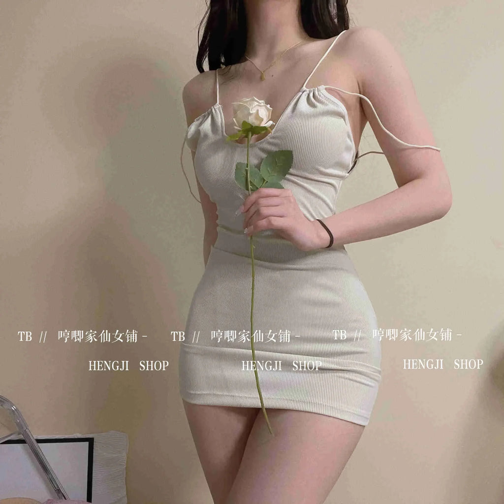 Slip Sweet Mini Dress Tank V Neck Babes Backless Bare Ass Cosplay House Fairy Sweet Korean Women Tops 2022 Summer P7M8