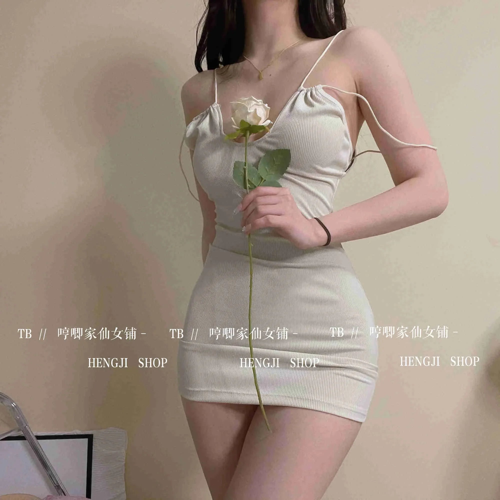 Slip Sweet Mini Dress Tank V Neck Babes Backless Bare Ass Cosplay House Fairy Sweet Korean Women Tops 2022 Summer P7M8