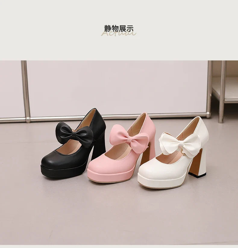 Plus Size Women's Bow Mary Janes Platform Chunky Heels Ankle Strap High Heel Pumps Sweet Lolita Party Dress Shoes