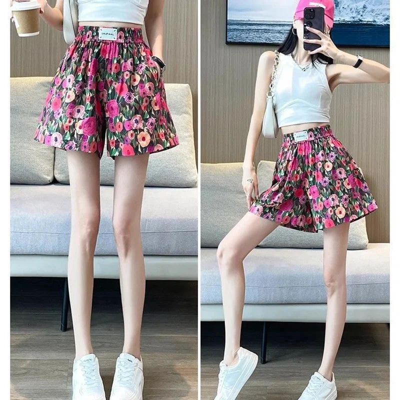 Summer Oil Painting Floral Shorts for Women Casual Wide Leg Shorts Large Siz Loose Floral Print Shorts Elastic Band Casual Pants