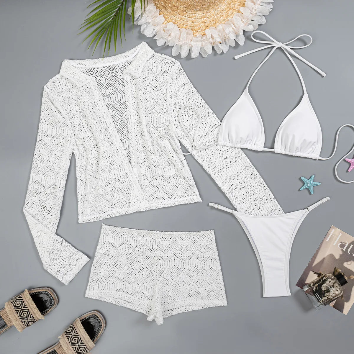 Women white black micro mini string bikini sets 4 pieces with hollow out cardigan tops and shorts swimsuit bathing suits biquini