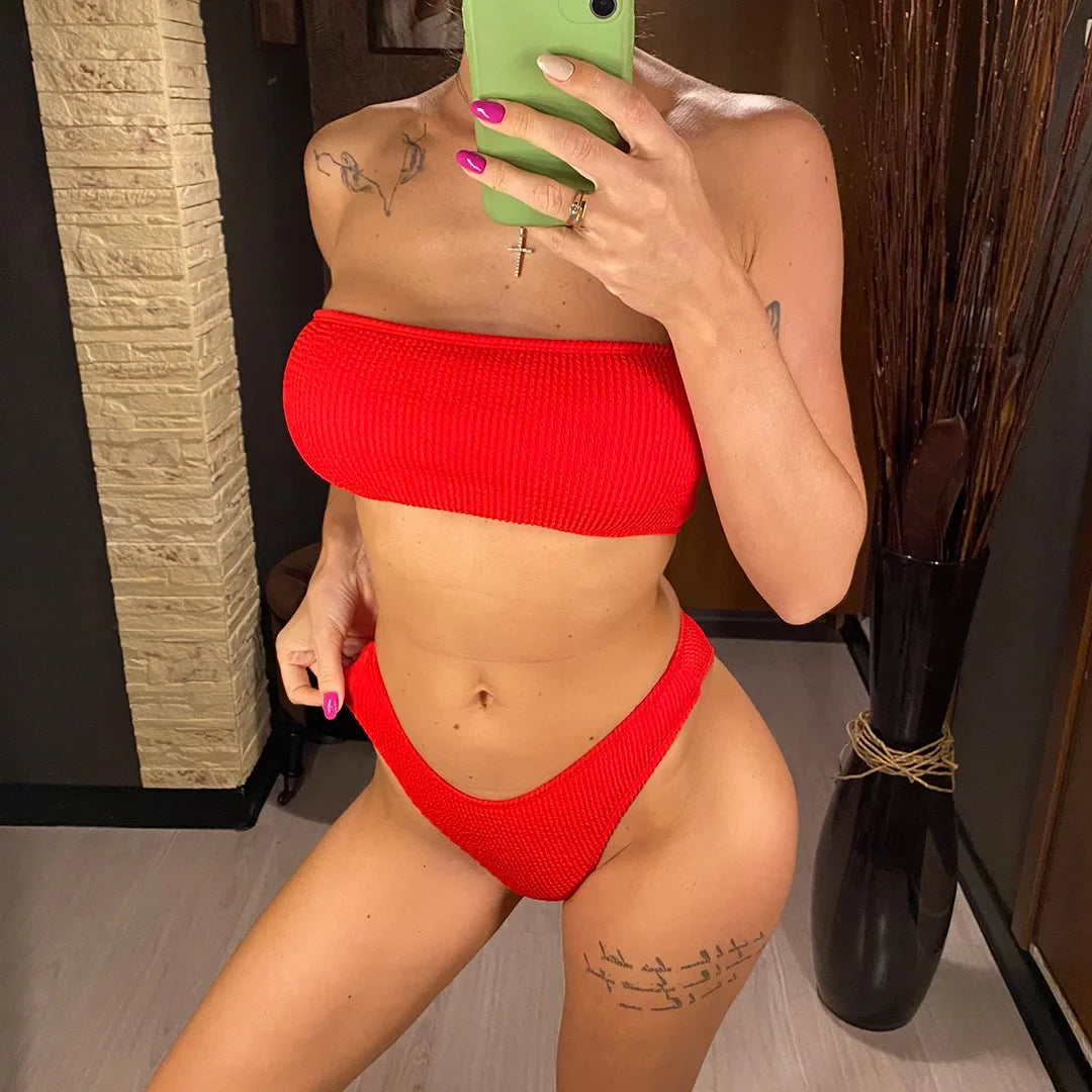 Bandeau Wrinkled Crinkled Bikini Female Swimsuit Women Swimwear Two-pieces Bikini set High Cut Bather Bathing Suit Swim V3314