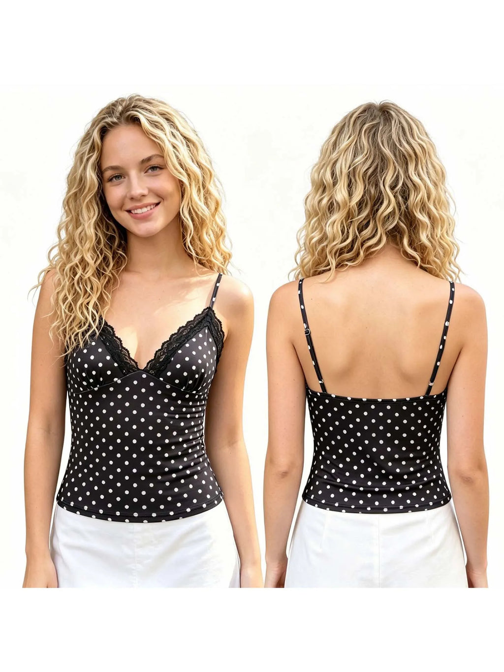 Women Retro Stylish Camis Dots Print Lace Trim Sleeveless V Neck Slim Fit Tank Tops Spaghetti Strap Vest Summer Daily Casual