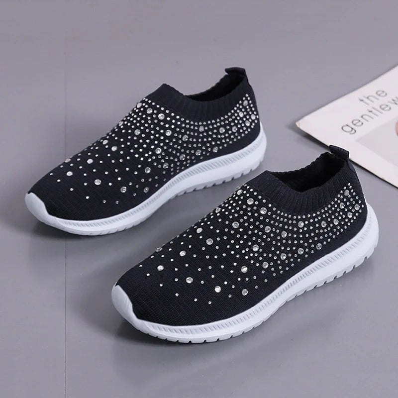 Women's Slip-On Crystal Sneakers 2025 Breathable Mesh Plus Size 35-43 Casual Flats Women Comfort Soft Sole Running Walking Shoes