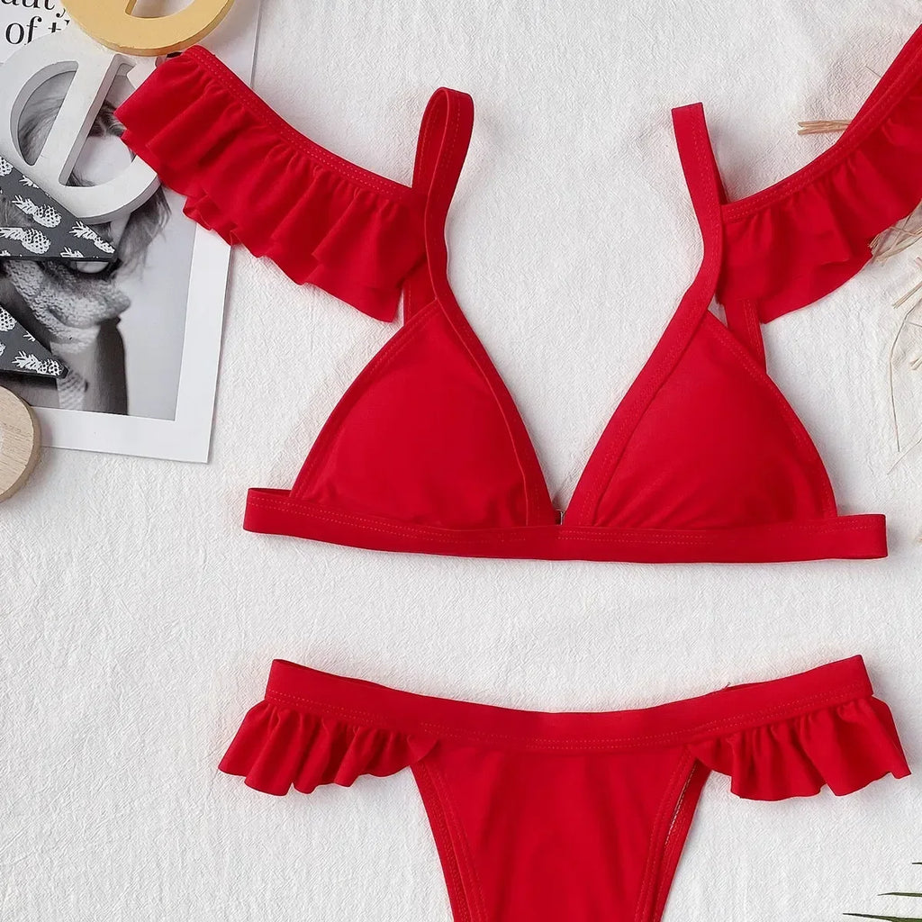 2026 Sexy Bikini Women Swimwear Swimsuit Red Ruffled Triangle Bikinis Set Bathing Suit Beach Bikini Female Trajes De Bano Mujer