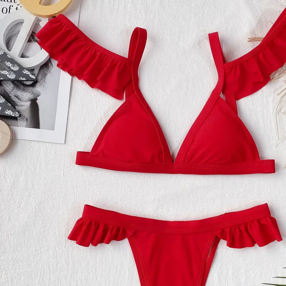 2026 Sexy Bikini Women Swimwear Swimsuit Red Ruffled Triangle Bikinis Set Bathing Suit Beach Bikini Female Trajes De Bano Mujer
