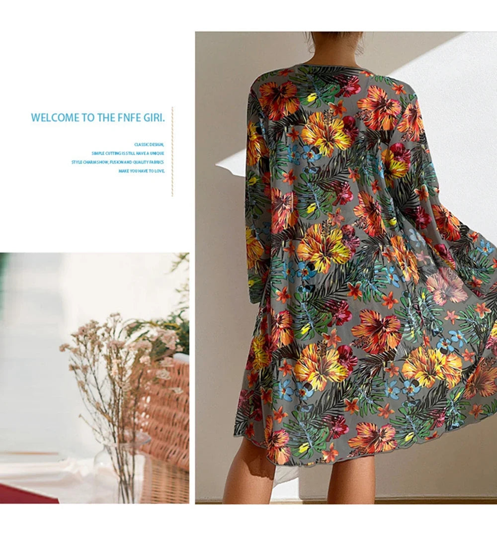 Sexy High Waisted Bikini 3 Pieces Floral Printed Swimsuit Size 3XL-S Women Bikini Set With Mesh Long-Sleeved Blouse Super Sales
