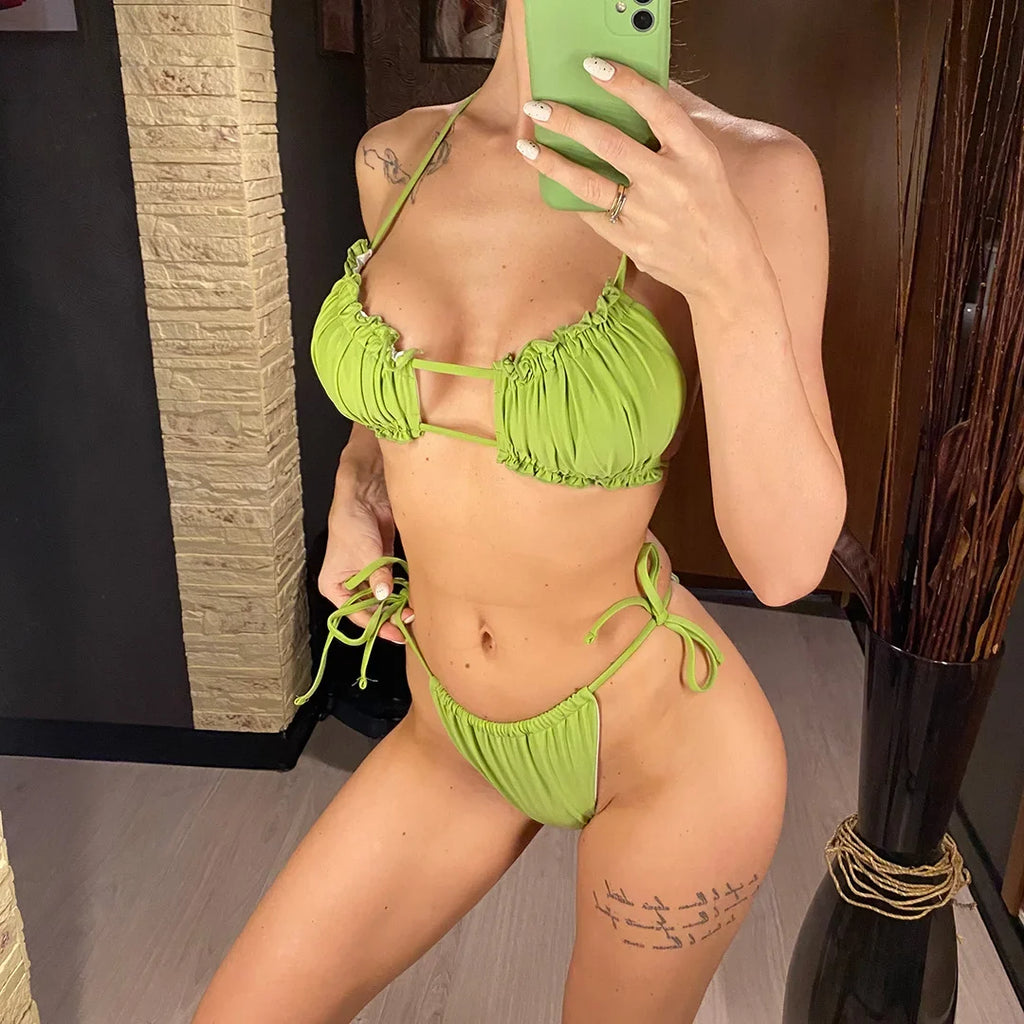 Sexy Ruffled Frilled Pleated Ruched Bikini Women Swimwear Female Swimsuit Two-pieces Bikini Set Bather Bathing Suit Swim V3239