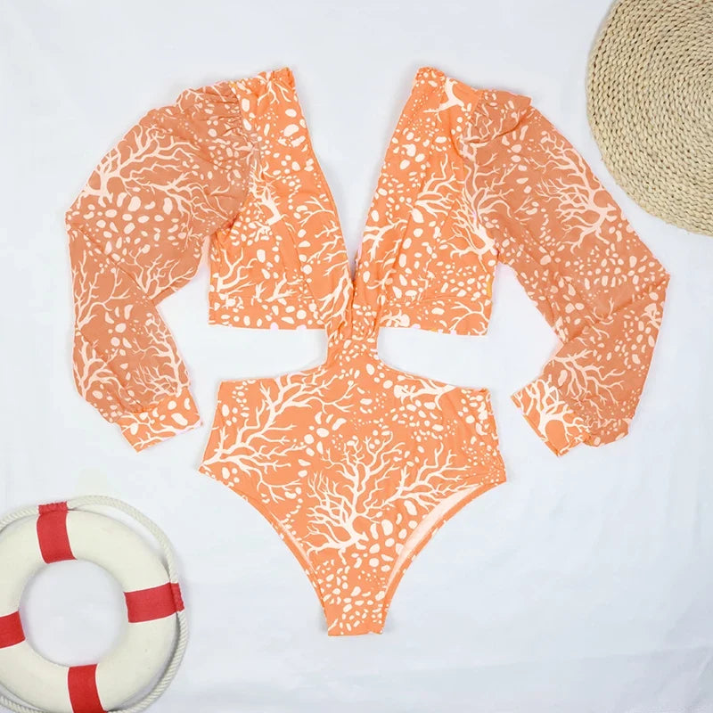 TW Sexy High Waist One Piece Swimsuit Women V Neck 2024 Long Sleeve Bathing Suit Brazilian Swimwear Monokini Summer Beachwear