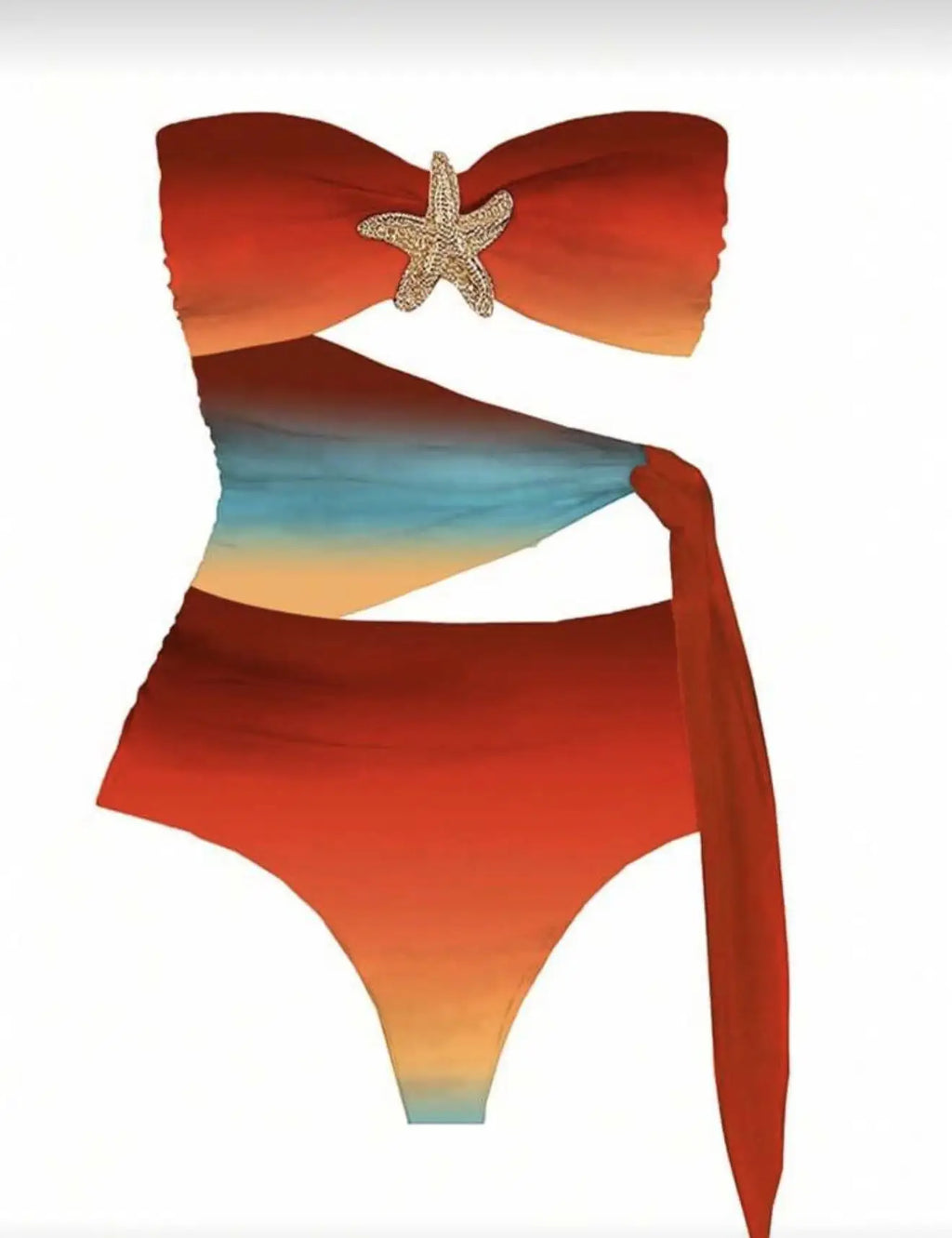 Vintage Blue Gradient Swimwear Pleate Long Skirt Bikini Set 2026 Women Bandeau Metal Starfish Bathing Suit One Piece Swimsuit