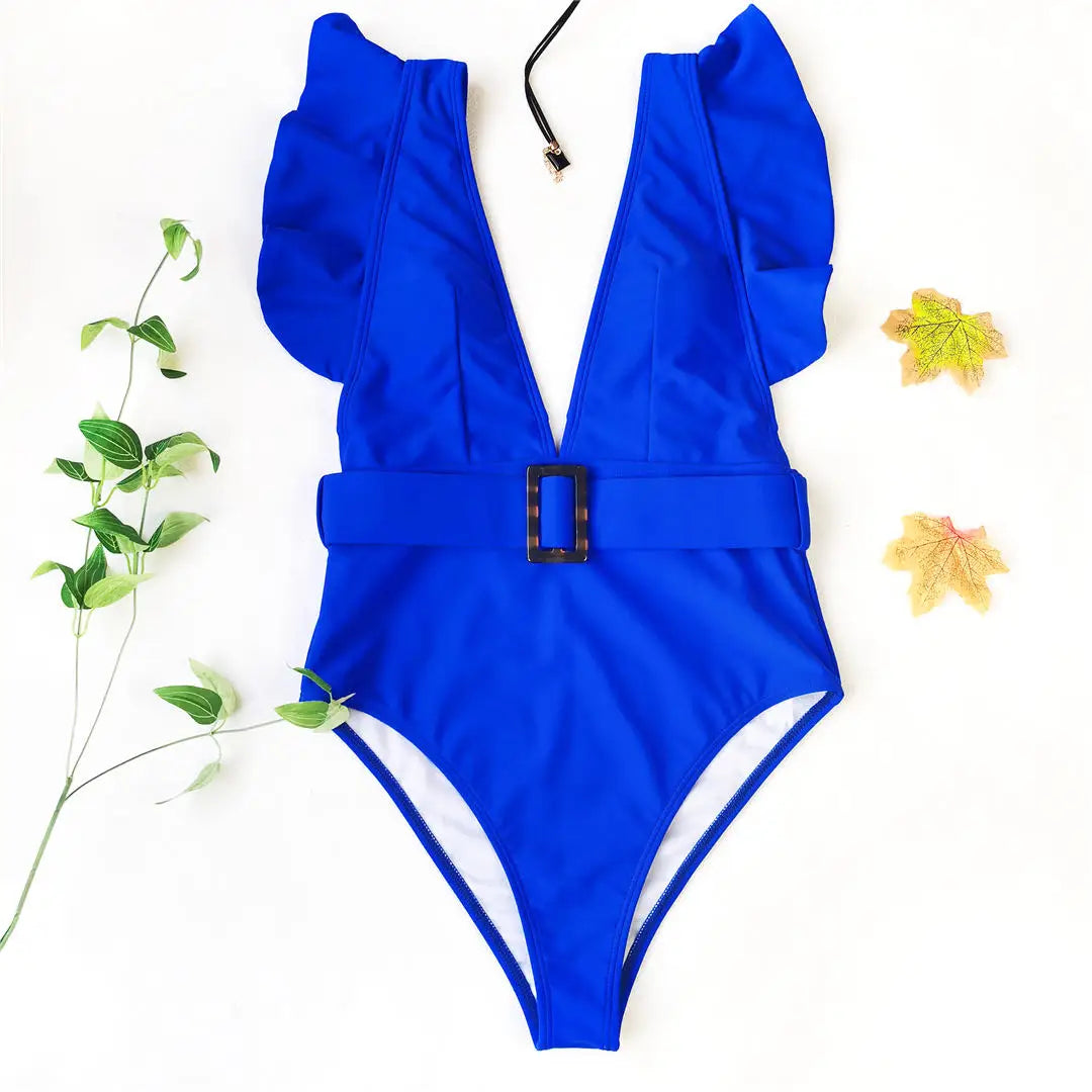 New Sexy Ruffled White Deep V One Piece Swimsuit Women Swimwear Female With Belt Monokini Bather Bathing Suit Swim Lady V2198
