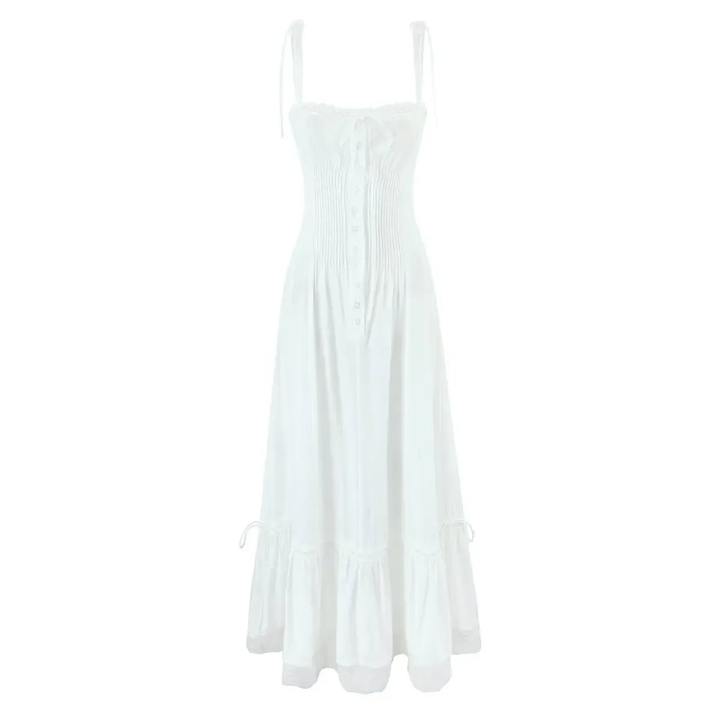 Summer Womens White Dresses Spaghetti Strap New in Long Dress 2025 Beach Casual Midi Party Vestidos Single Breasted Lace Dress