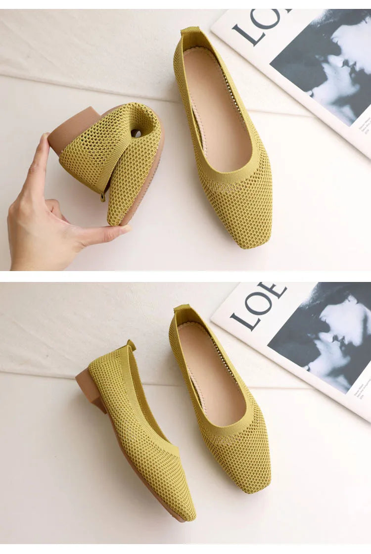 Breathable Mesh Fashion Flats For Women Spring Summer Flat Shoes Square Toe Slip-on Loafers Soft Sole Girls Daily Walking Shoes