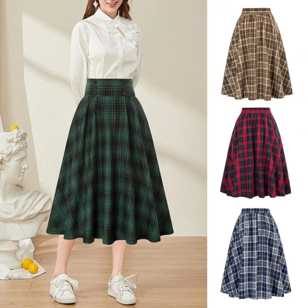 High Waist A-Line Skirt Women Midi Skirt Plaid Print Large Hem Design Autumn Winter Skirt Streetwear