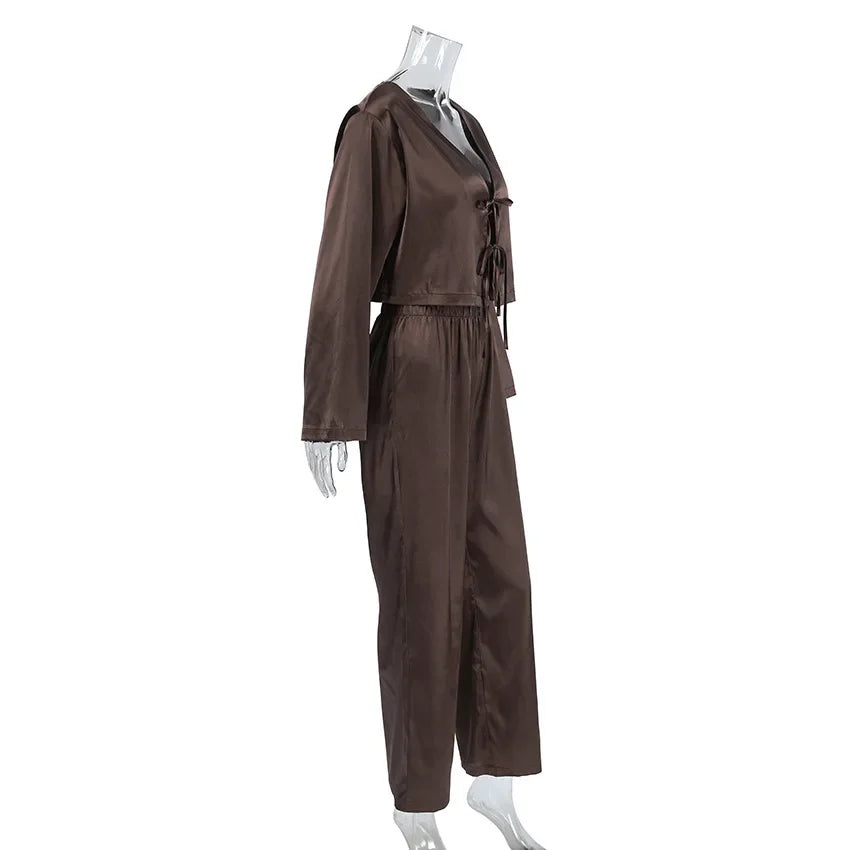 Women Silk Satin Pajama Set Deep V Neck Long Sleeve Lace Trim Tie Front Top Pants Soft Loungewear Elegant Home Sleepwear Night