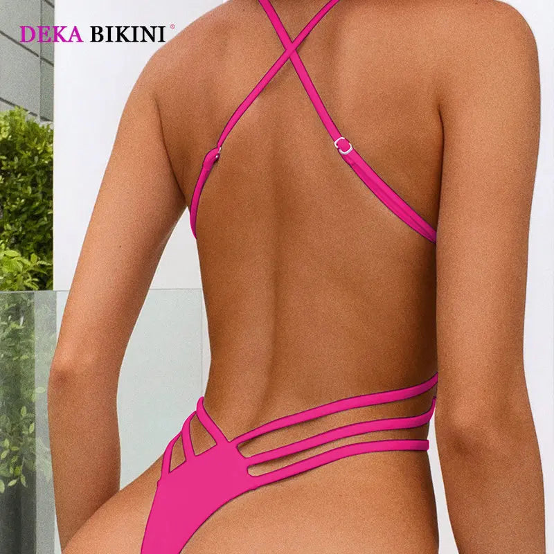 DEKA Backless One Piece Swimsuit Vintage V-neck Swimwear Women Bathing Swimming Suit Female Summer Beachwear Bodysuit