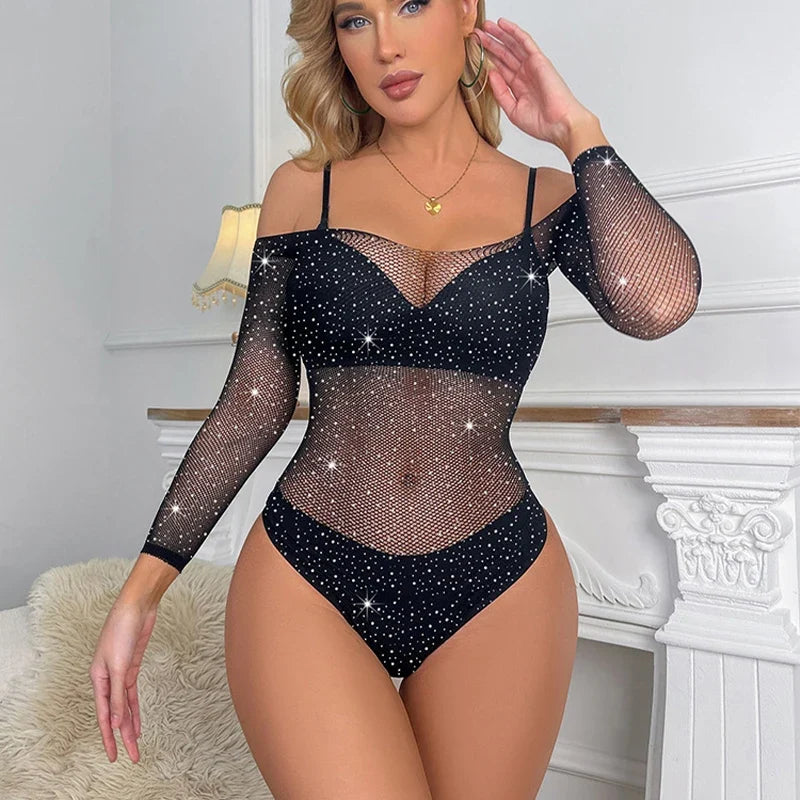 New See-through Women's Underwear Fishnet Bodysuit Sparkle Rhinestone Sexy Mesh Tight Teddys Lingerie Bodysuit Erotic Costumes