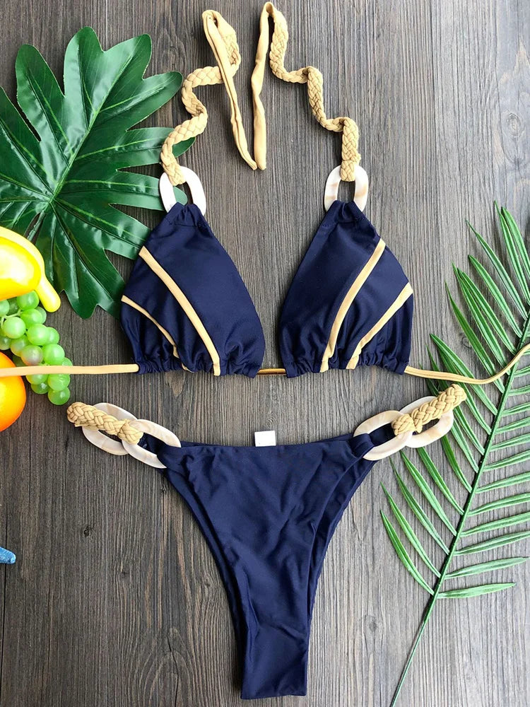 Splicing Halter Knitted Bikini Women Swimwear Female Swimsuit Two-pieces Bikini Set Brazilian Bather Bathing Suit Swim Beachwear