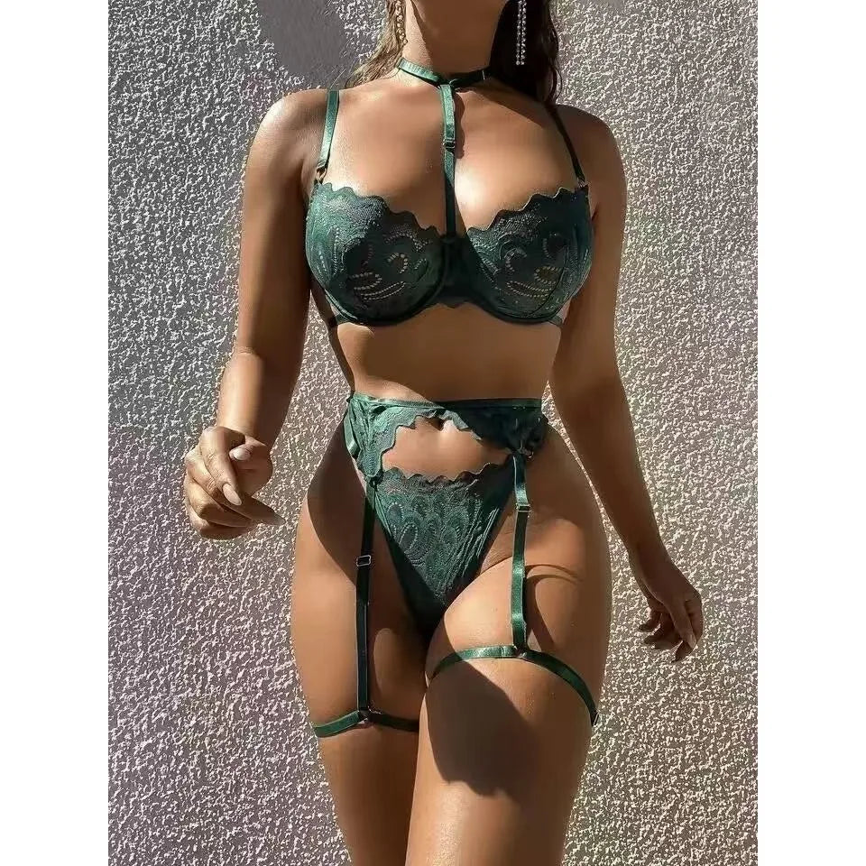 Women's Sexy Lingerie Set Floral Lace Underwear Suit for Women Mesh Hollow Out Bra Suits Female Bra Thongs Three-piece Lingerie
