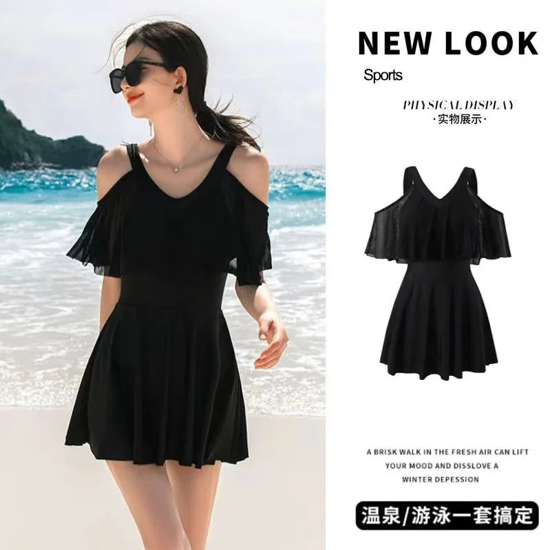 New Swimsuit for Women Soaking in Hot Springs, Concealing Flesh and Slimming, Conservative One-piece Skirt, Flat Angle Swimsuit
