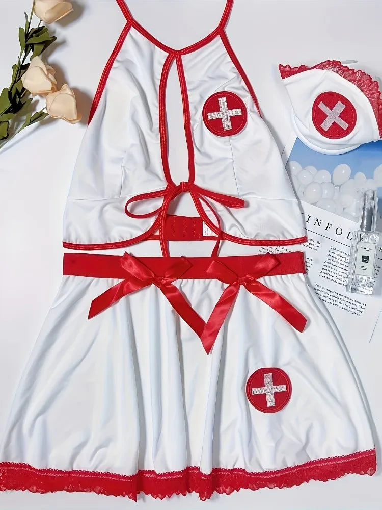 Women Sexy Cosplay Lingerie Naughty Nurse Uniform Exotic Costume Halter Cami Top & Bow Skirt & Thongs & Headwear Underwear